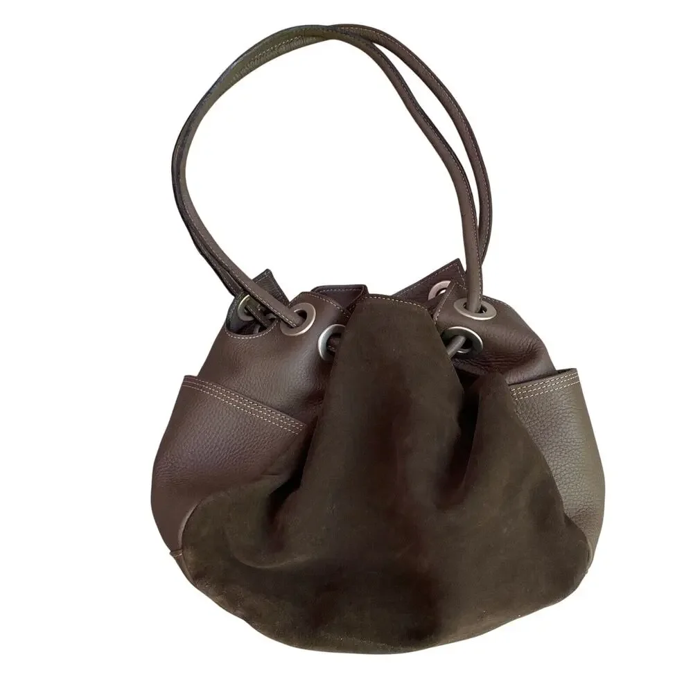 Vintage J Jill Brown Leather & Suede Boho Purse Grommet Cinch Boho Hobo Bag